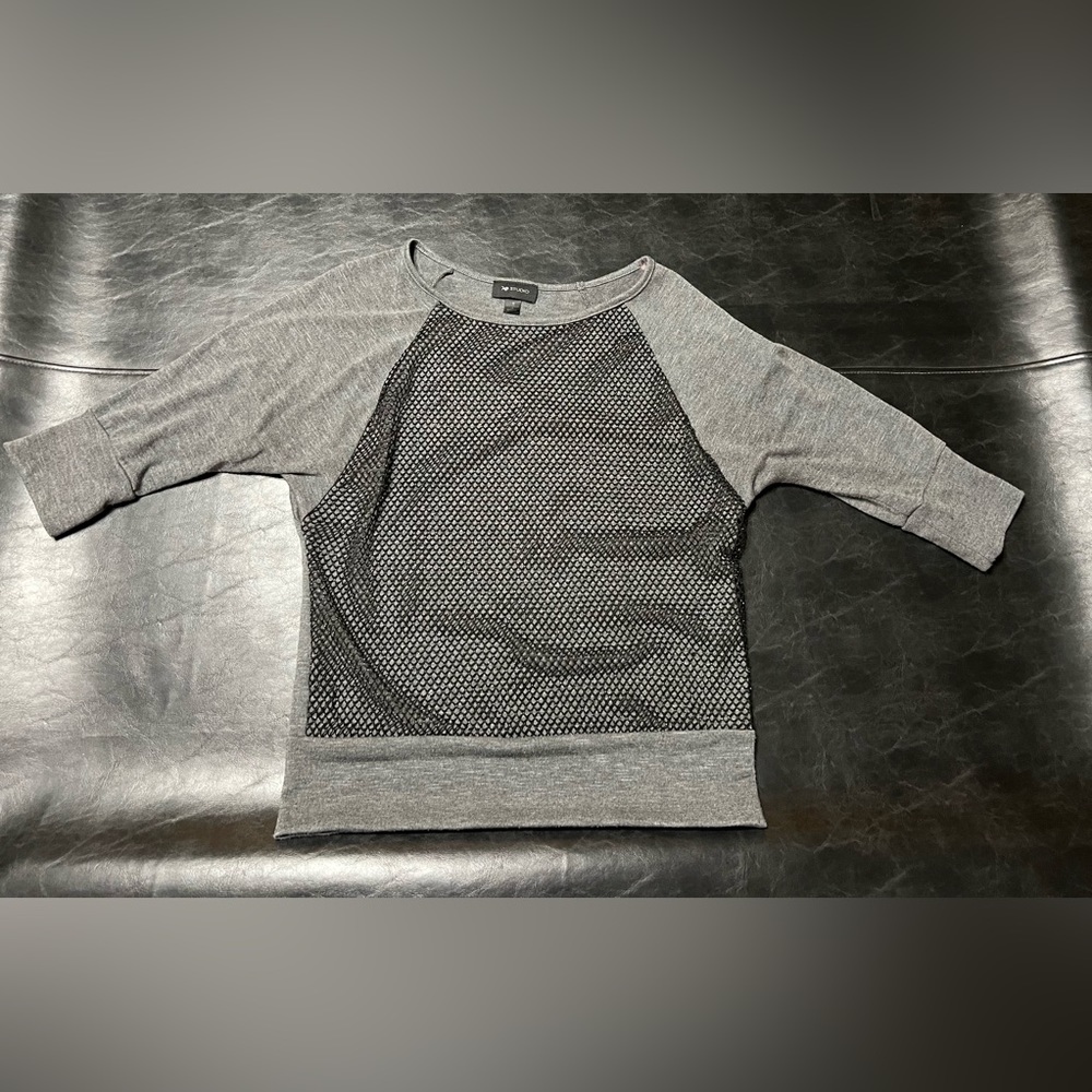 Women’s AB Studio Size Small Grey Shirt with Black Sparkle Fish Net
